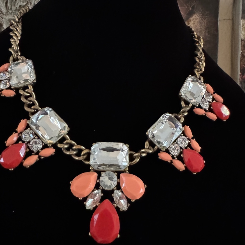 J. Crew Factory Statement Necklace – Coral & Crystal - Picture 2 of 6
